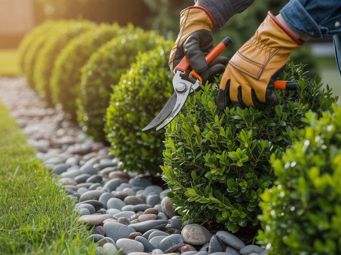 Gardener in gloves trimming round bushes with clippers along a gravel border.