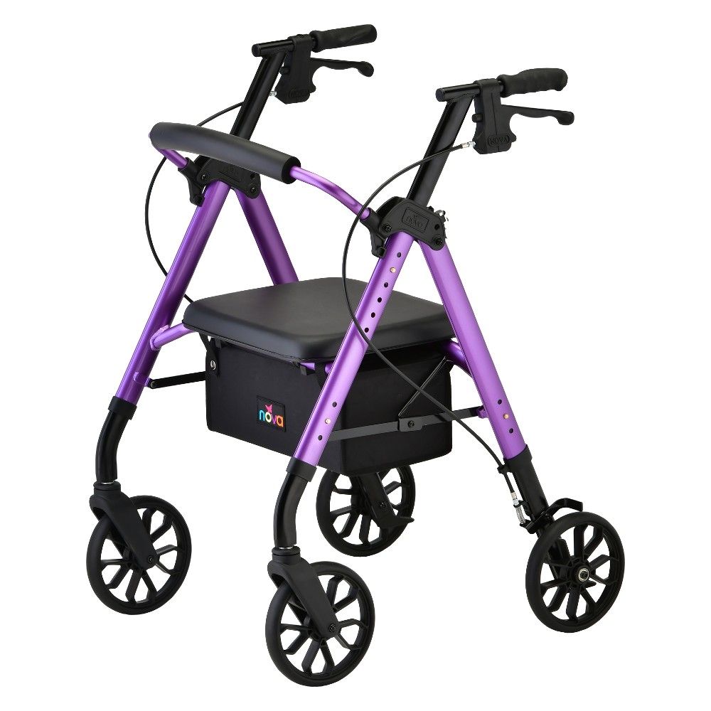 Purple rollator with black seat and wheels.