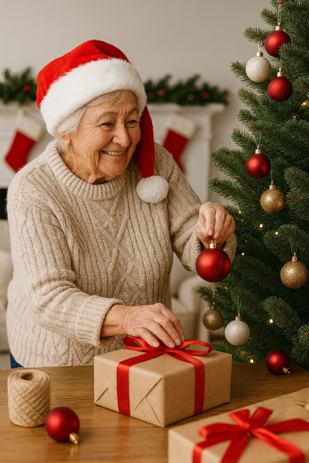 Woman in Santa hat decorating tree and wrapping gift. Red and gold ornaments.