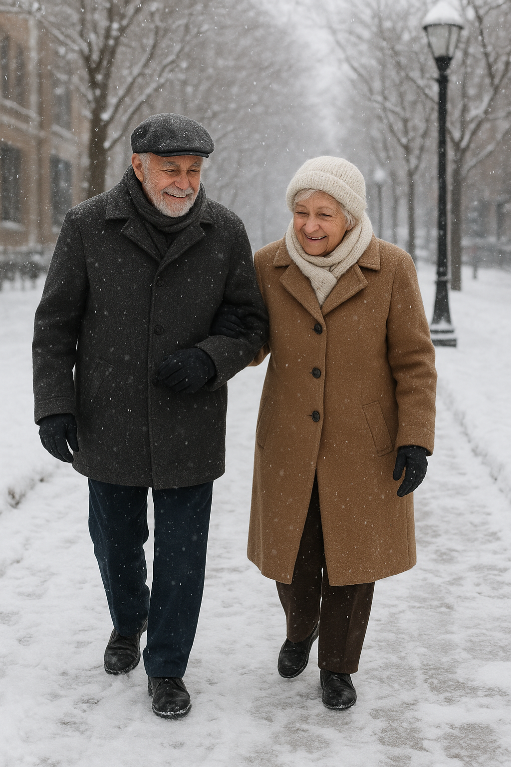 Couple walking arm-in-arm in the snow, smiling. Man in grey coat, woman in brown coat. Snowy sidewalk, street lamps.