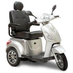 A silver mobility scooter with three wheels.