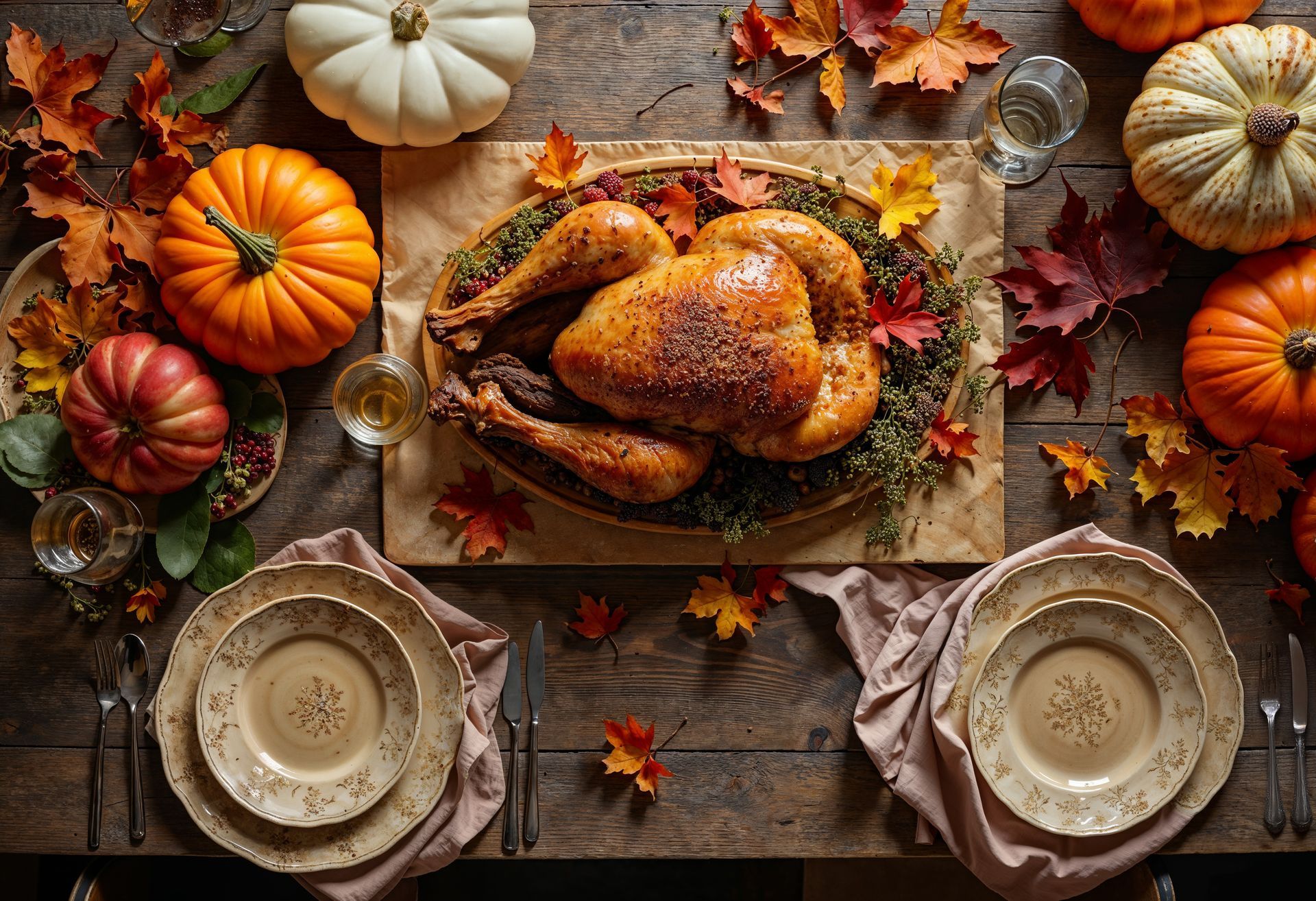 Thanksgiving table set with roast turkey, pumpkins, and autumn leaves.