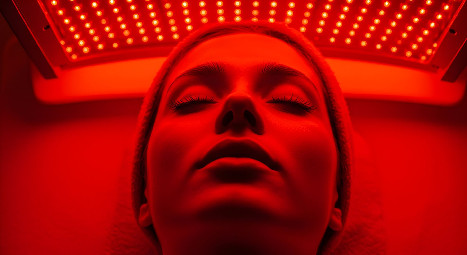Woman receiving red light face therapy treatment under an LED panel