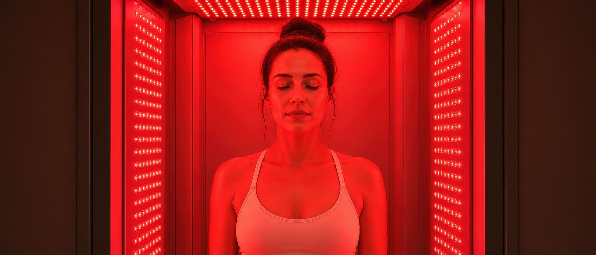 Woman standing in a full-body red light therapy booth during a professional red light therapy session