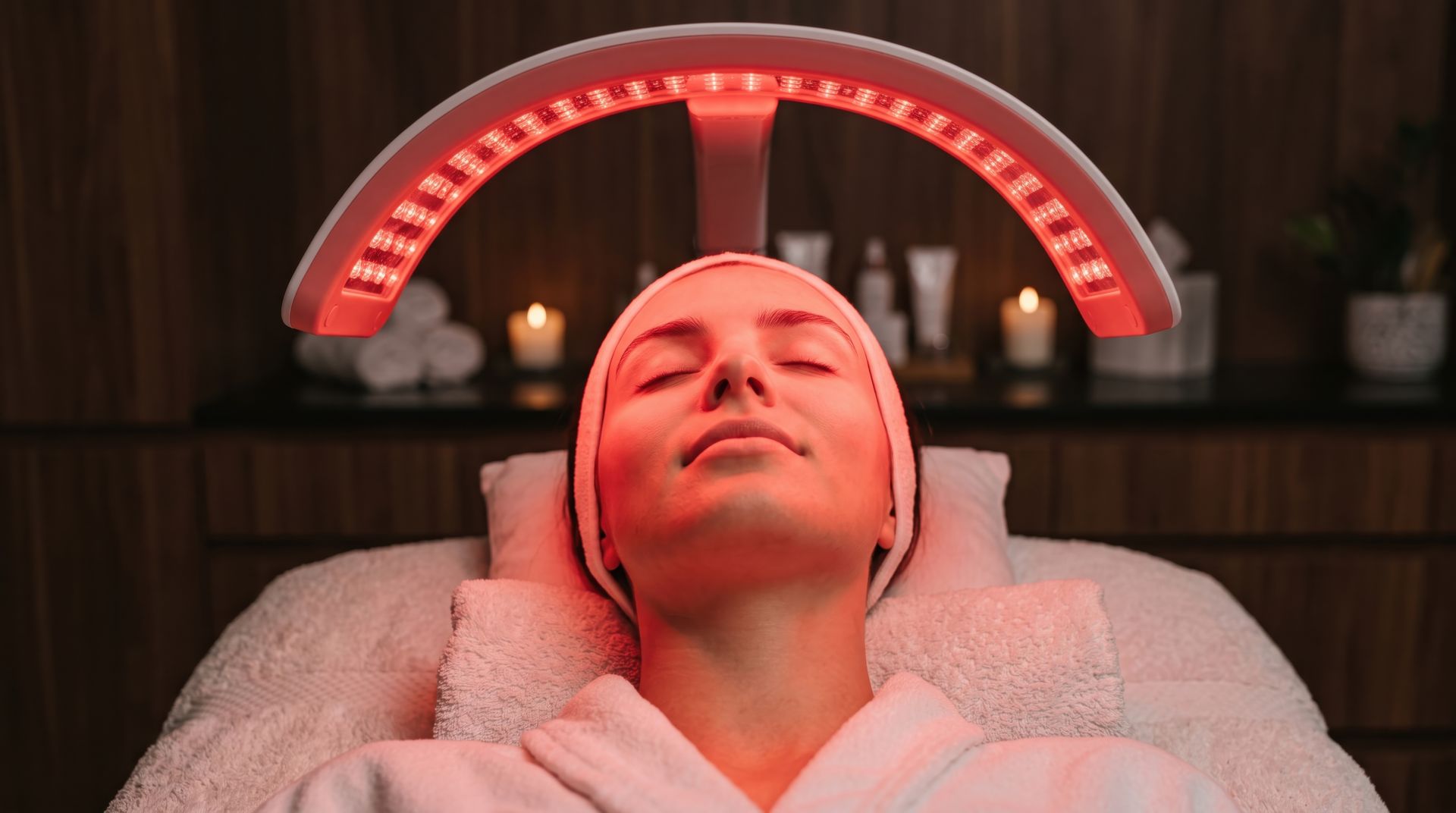 Woman receiving professional red light face therapy under an LED panel in a spa treatment setting