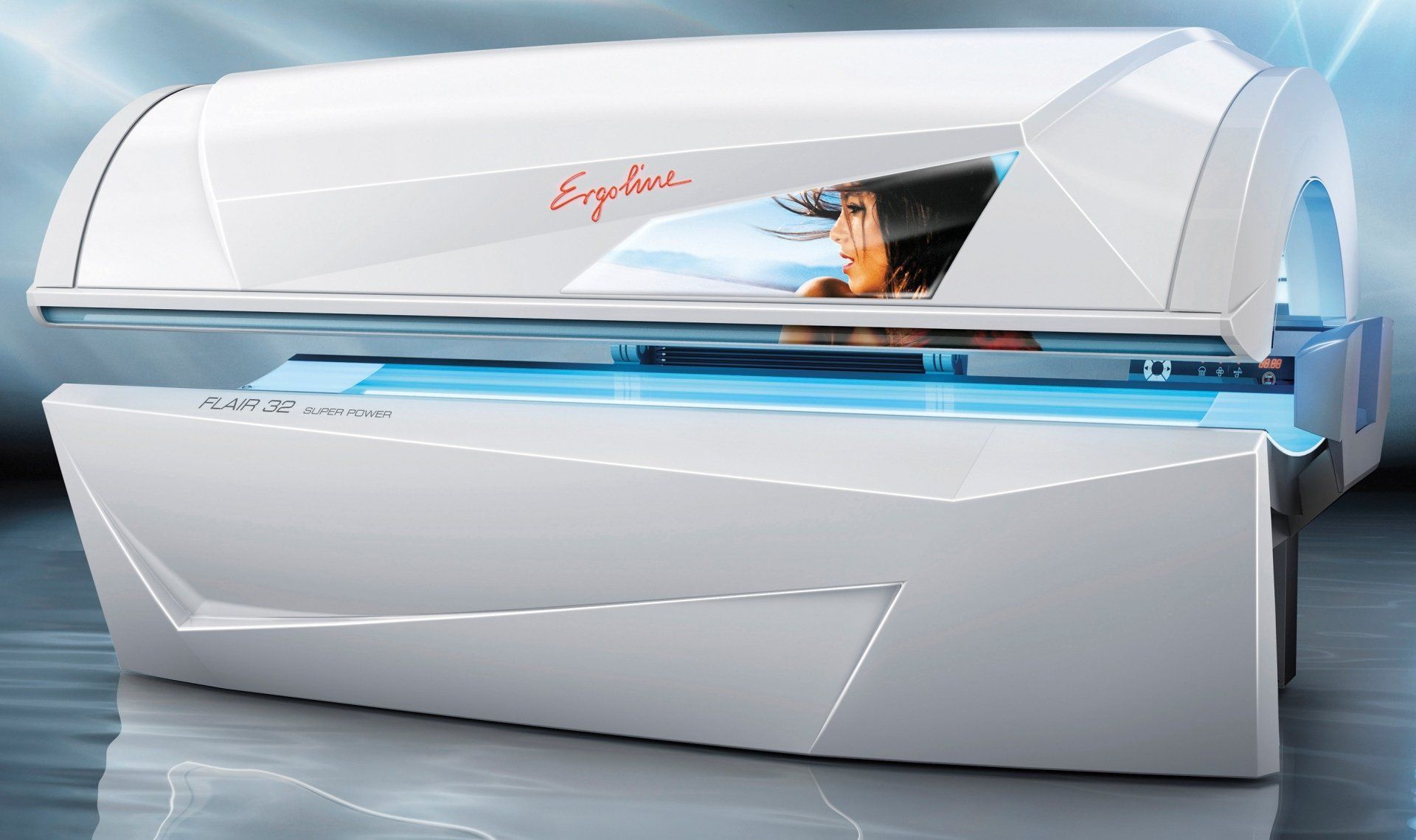 White tanning bed with woman visible inside, blue lights, and red logo. White tanning bed with woman visible inside, blue lights, and red logo.