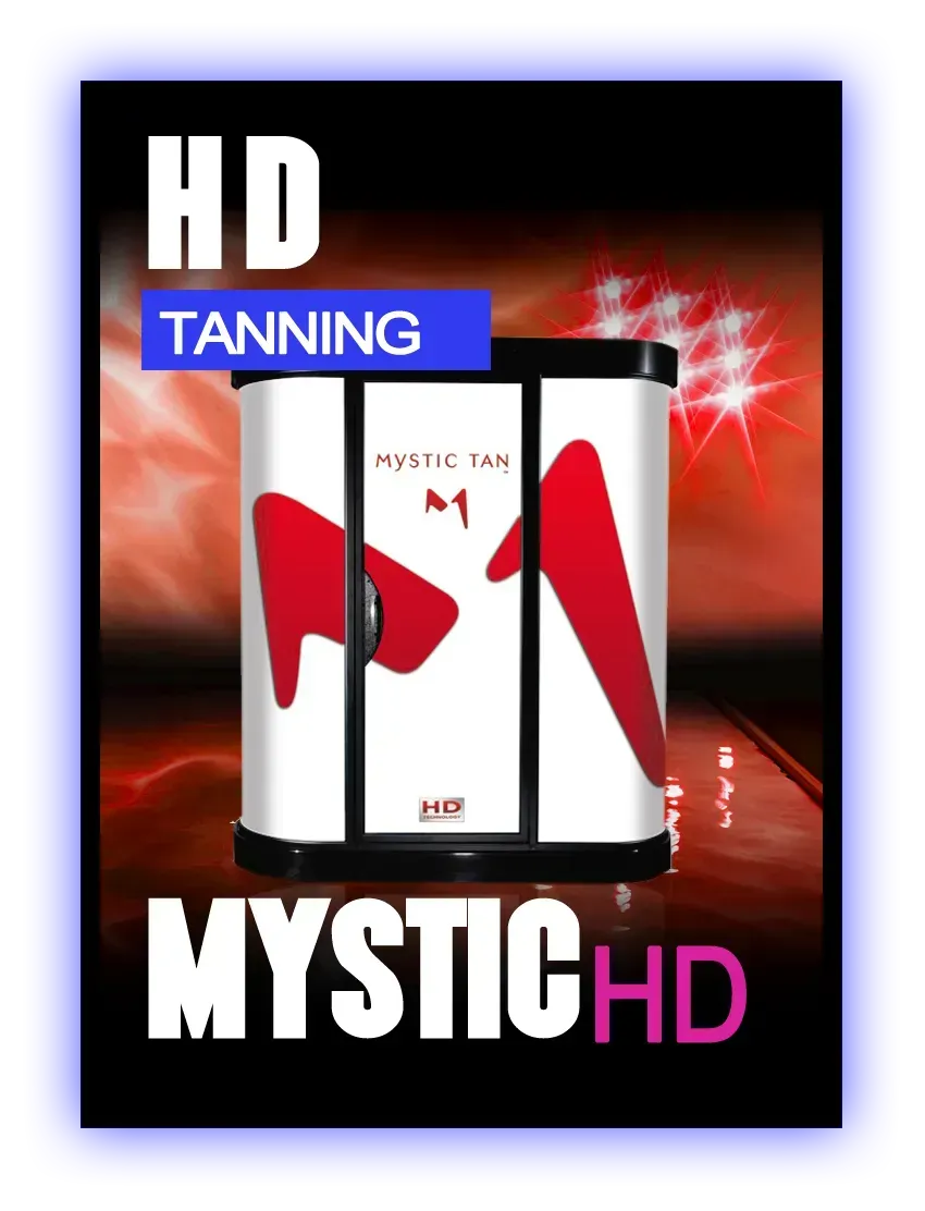 Mystic HD tanning booth with red logo, against red and black background,