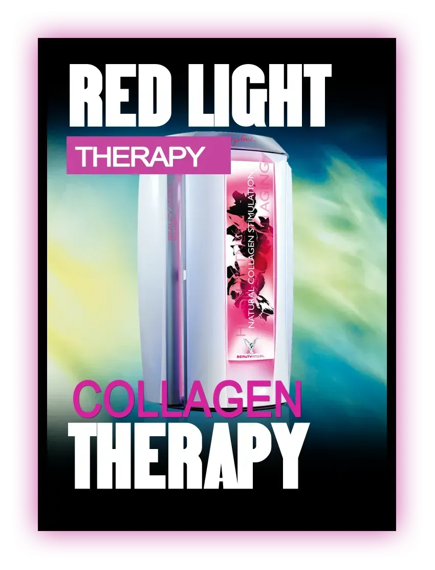 Red light therapy booth, white and pink, with “Red Light Therapy Collagen Therapy” text on a black background.