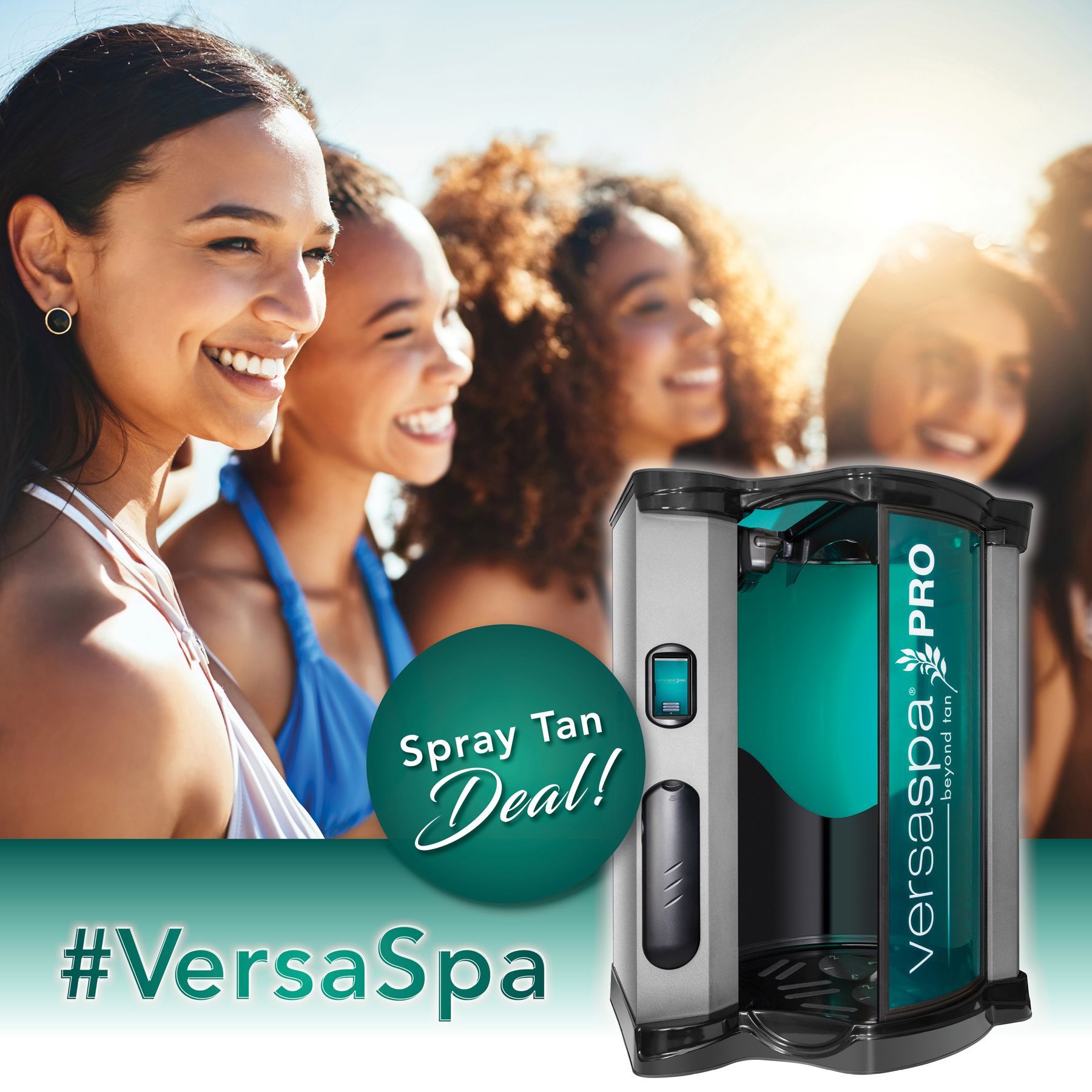 Women smiling, by the ocean, with a spray tan machine, and a