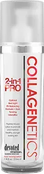 Collagenetics 2-in-1 Pro serum bottle, with red and black text. Contains peptides for promoting healthy skin.