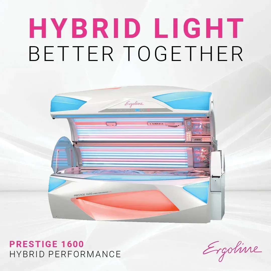 Tanning bed, Prestige 1600, with blue and pink hybrid light, by Ergoline.