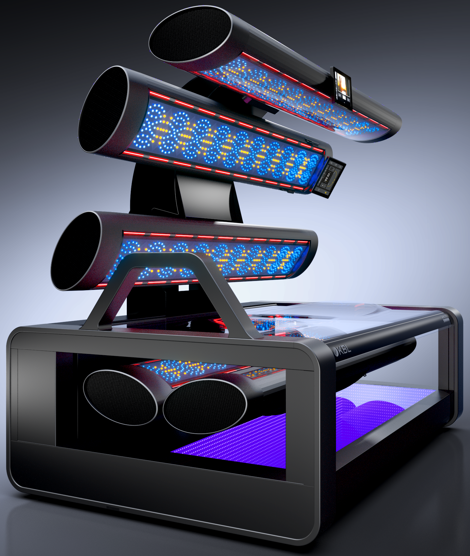 Black LED light therapy device with angled tubes, blue and red lights. Black LED light therapy device with angled tubes, blue and red lights.