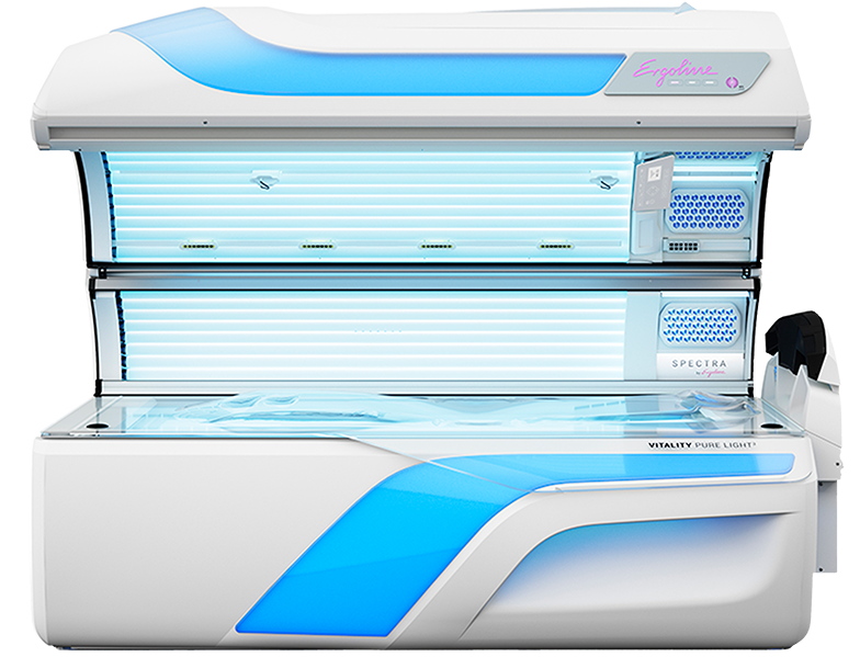 Tanning bed with white and blue accents, showcasing UV lamps, control panel, and sleek design. Tanning bed with white and blue accents, showcasing UV lamps, control panel, and sleek design.