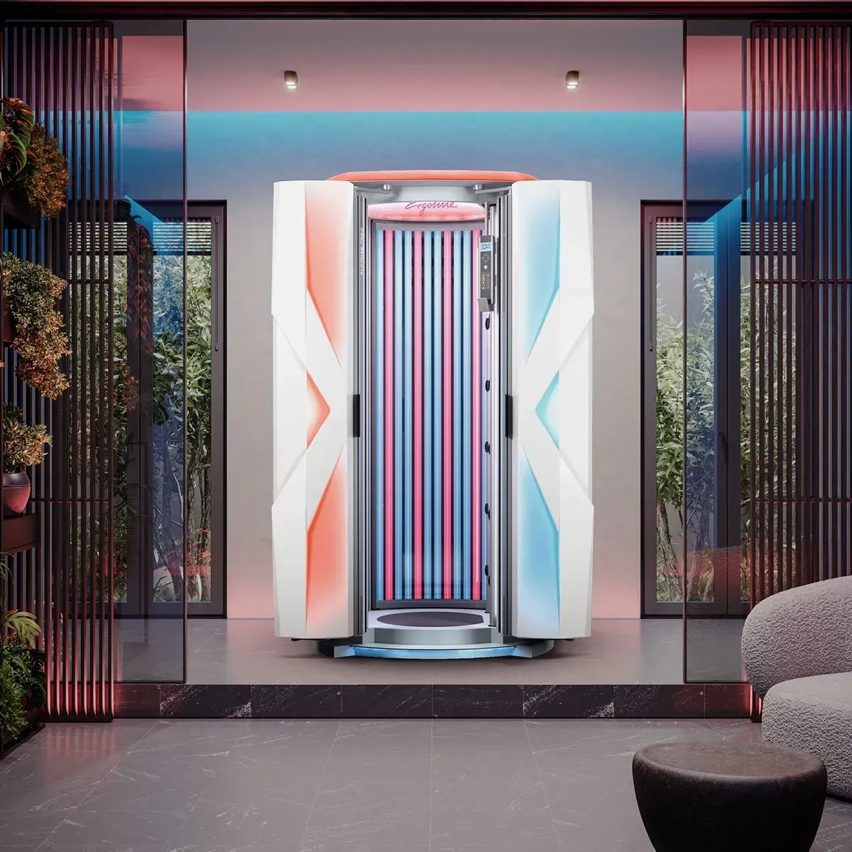 Tanning booth with red and blue accents, set in a stylish room with greenery and a comfortable chair.