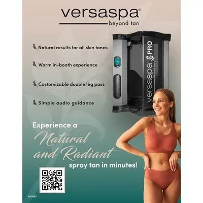 Spray tan booth ad featuring a woman smiling. Benefits include natural results, warm experience, audio guidance.