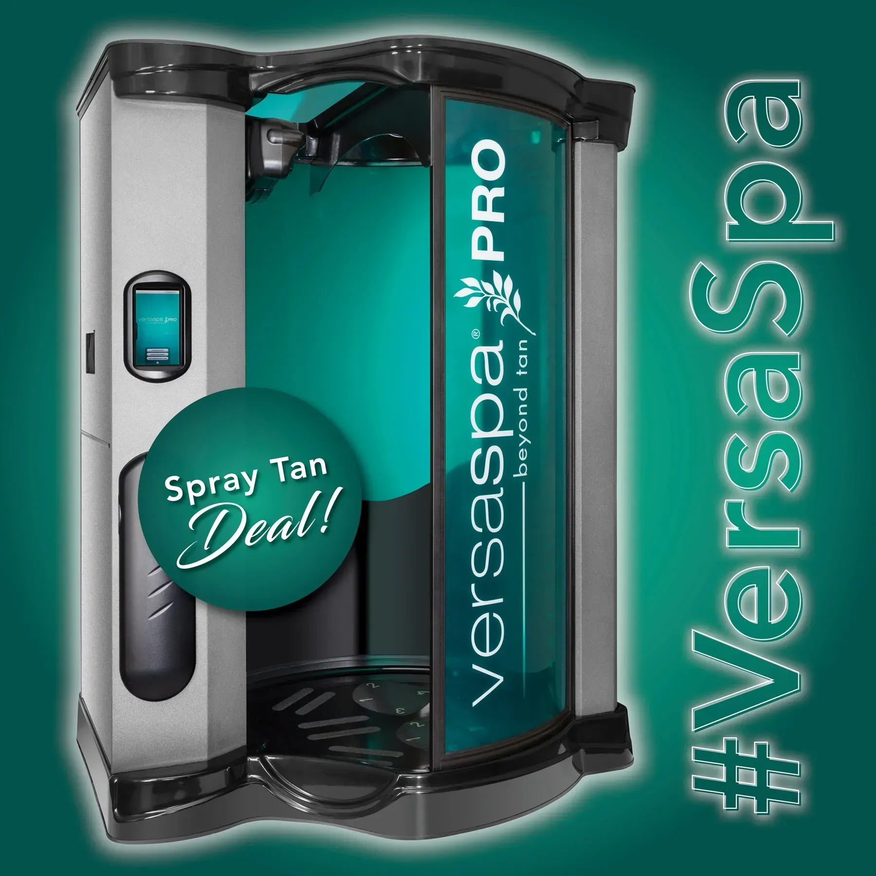 VersaSpa Pro spray tan booth with a “Spray Tan Deal” badge and “#VersaSpa” text on a teal background.