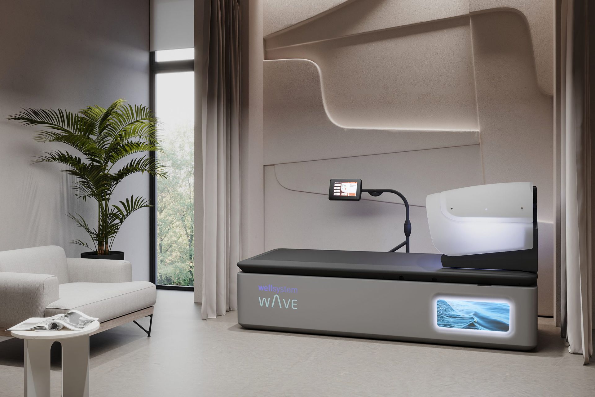 Modern wellness room with light grey bed-like device, small screen, and large window.