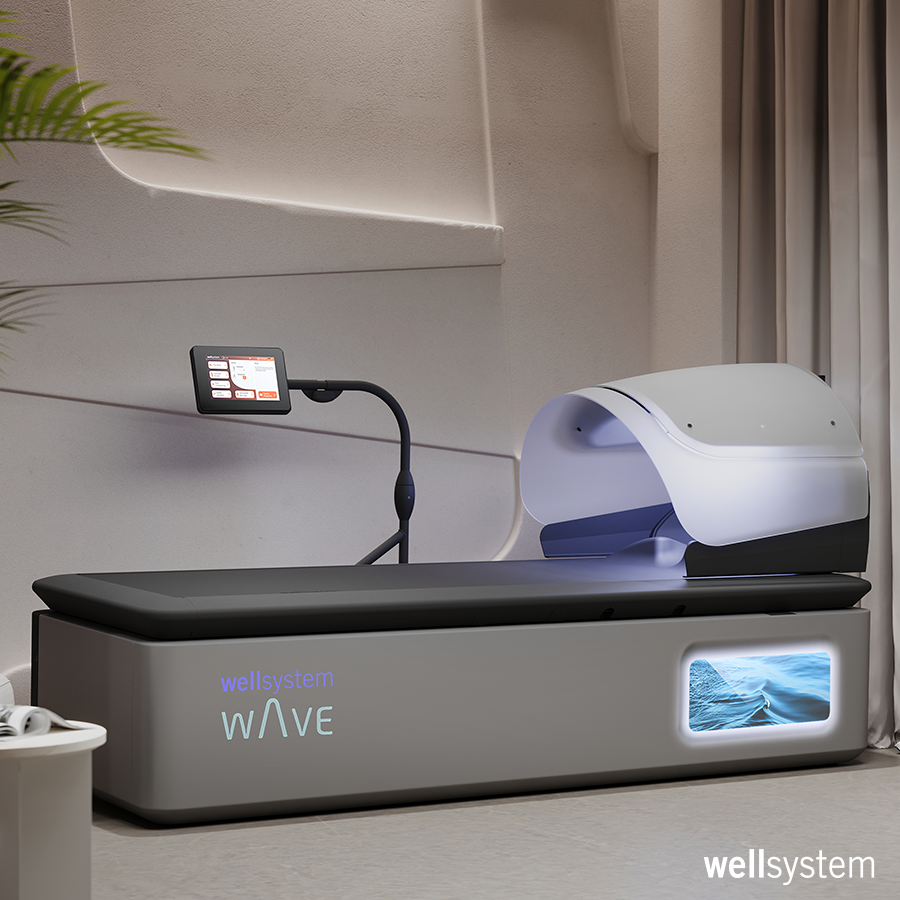 Grey Wave bed with touchscreen display, a blue light dome, in a modern room.