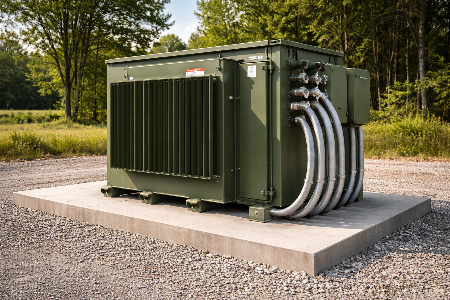 A green outdoor pad-mounted transformer on a concrete base, connected to several metal conduits in a gravel clearing.