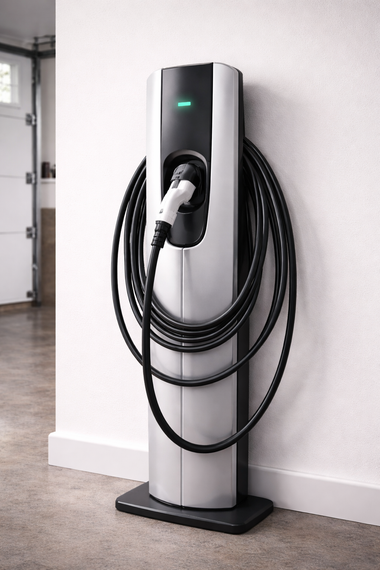 An electric vehicle charging station in a garage, featuring a metallic silver finish, black center, and wrapped cable.