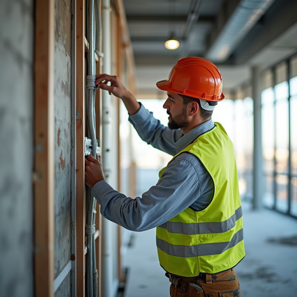 A person wearing an orange hard hat and neon yellow safety vest inspects electrical conduit on a wooden wall at a site.