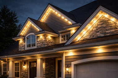 A multi-gabled house exterior at night, illuminated by warm, glowing decorative roofline and porch lights.
