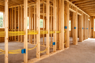 Interior of a house under construction with exposed wooden framing and bright yellow electrical wiring routed to wall boxes.