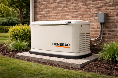 A tan Generac standby generator sits on a concrete pad next to a brick house wall in a grassy yard.
