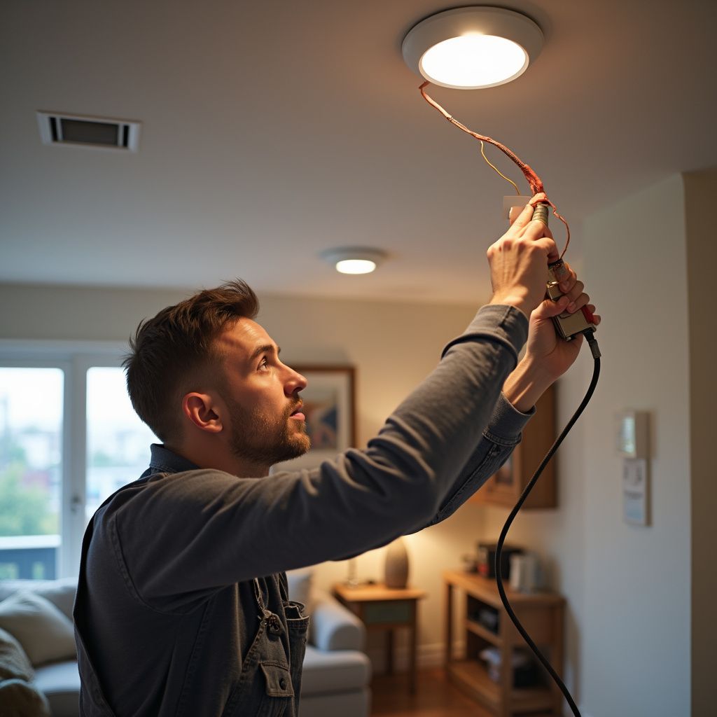 A person in work clothes stands in a living room, installing or repairing a round ceiling light fixture with exposed wires.
