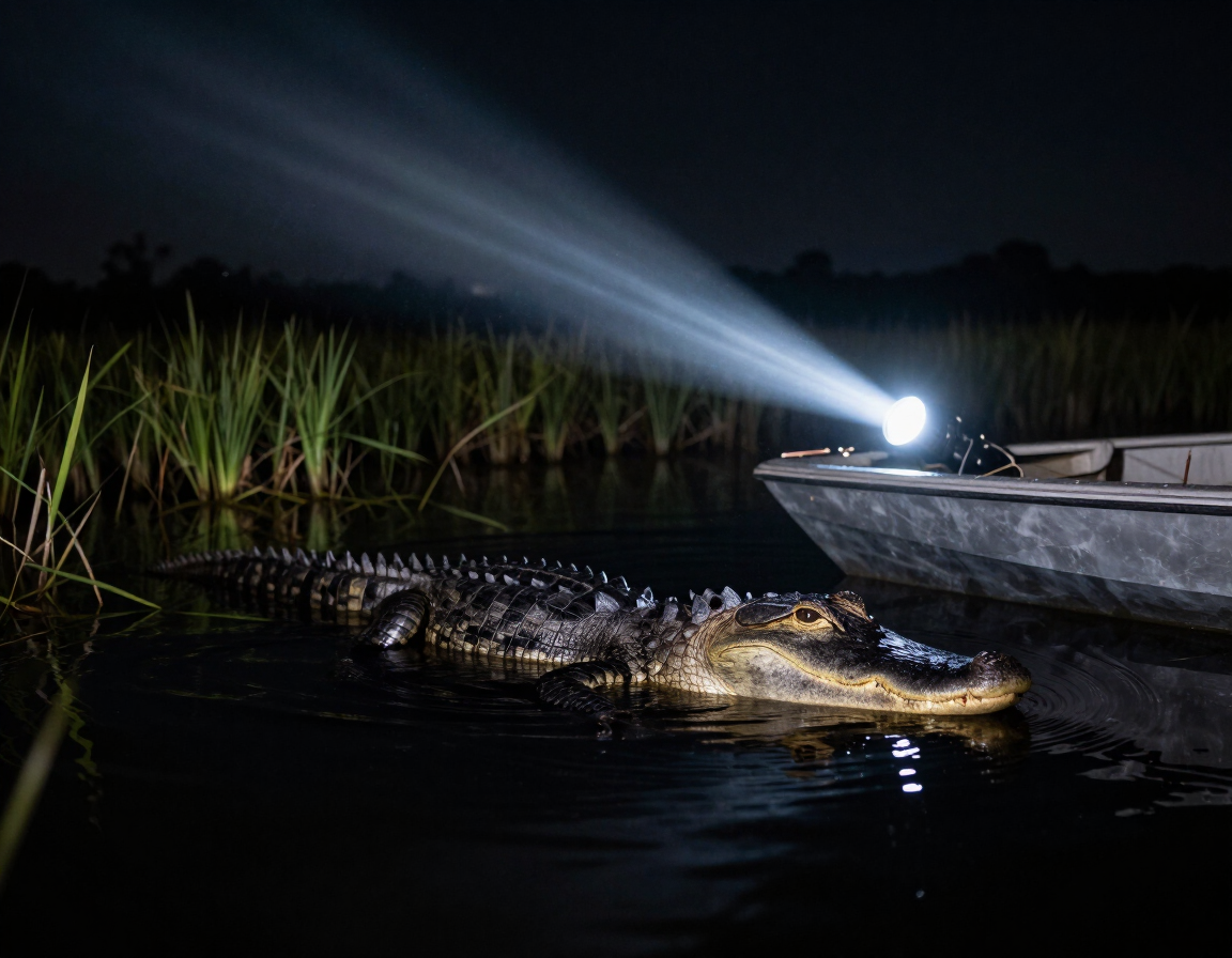 Alligator surfacing in spotlight at night on the Grant Florida marsh