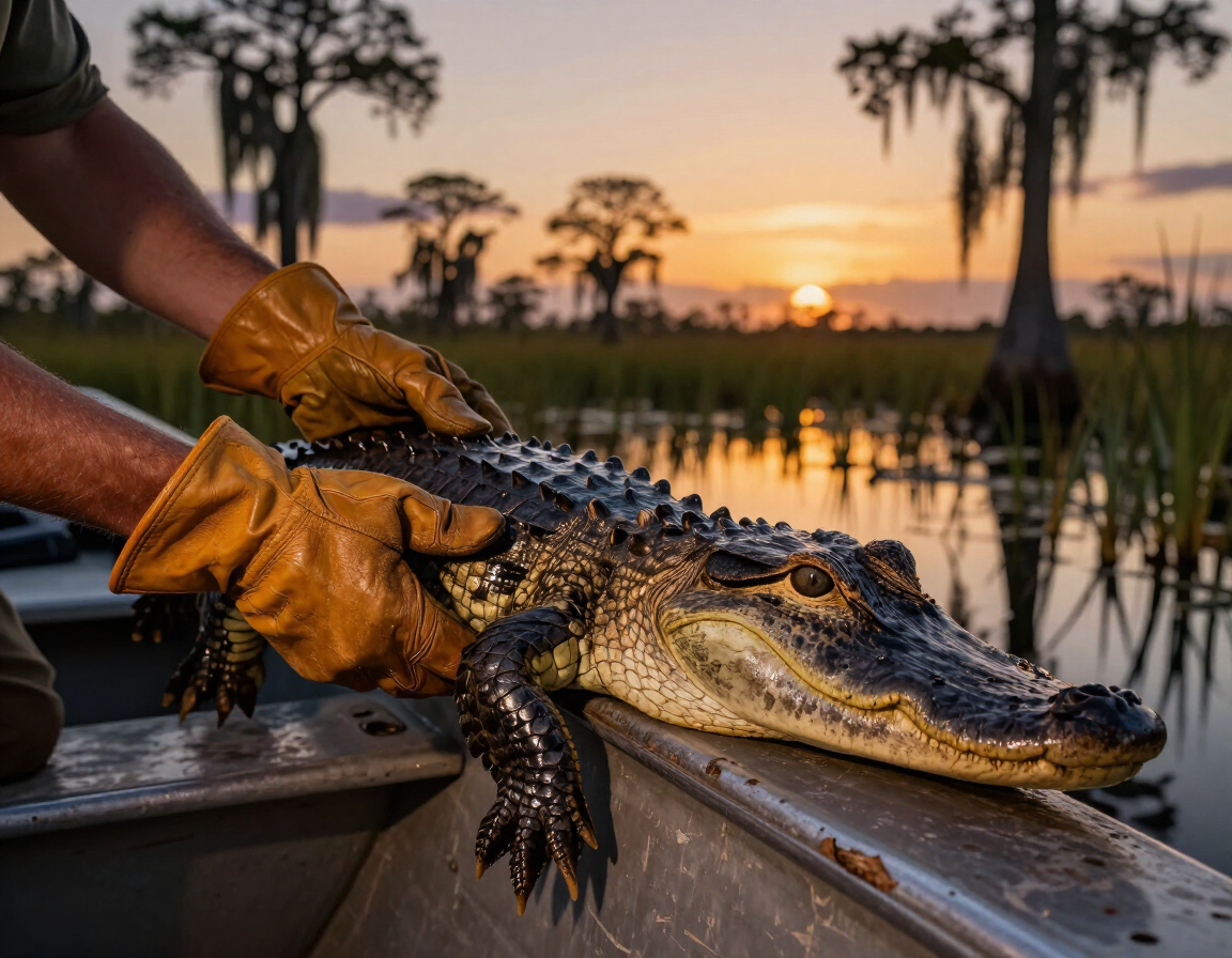 Hunter's gloved hands with harvested gator tail on boat gunwale at dusk