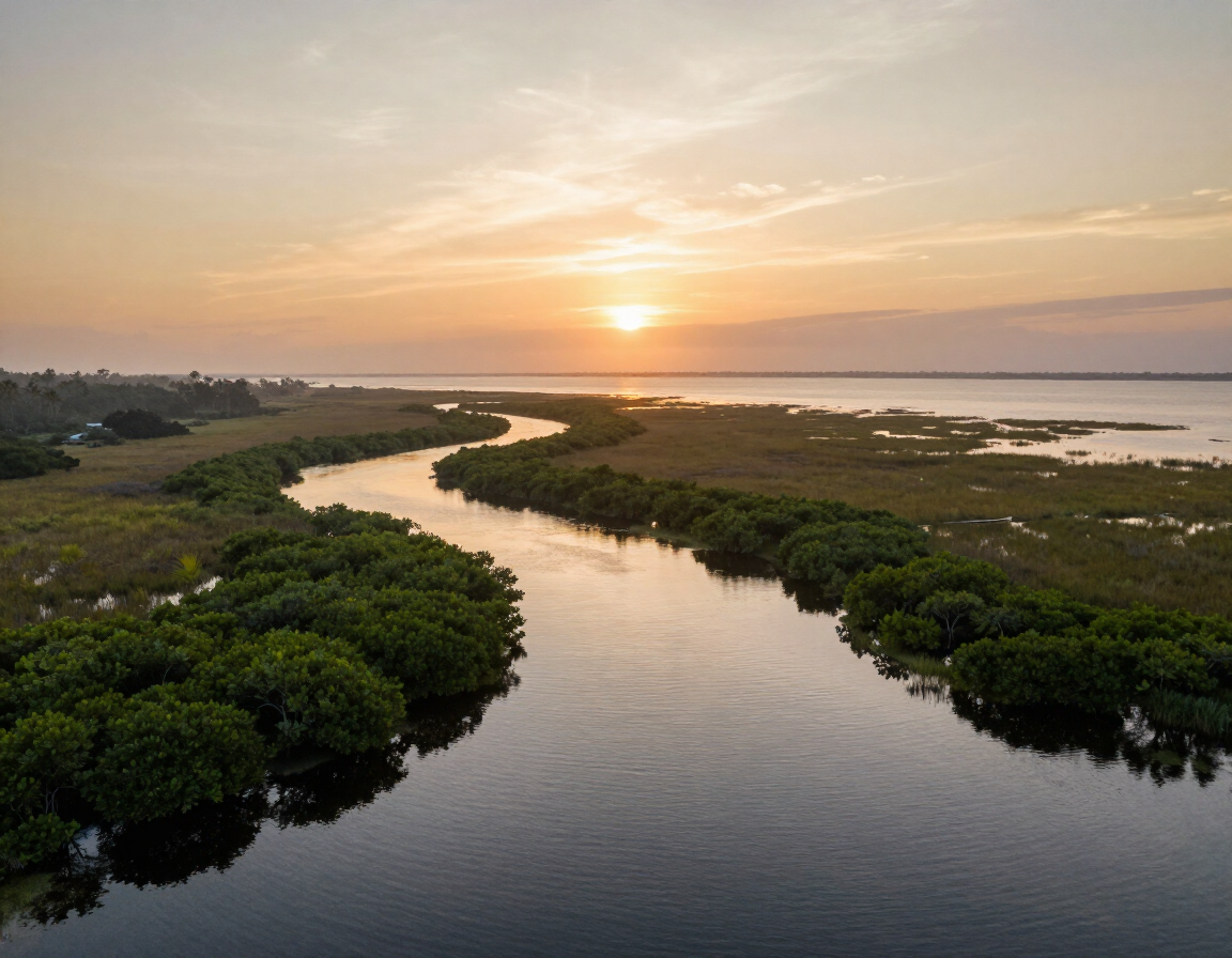Aerial view of Brevard County Indian River Lagoon marsh at dawn