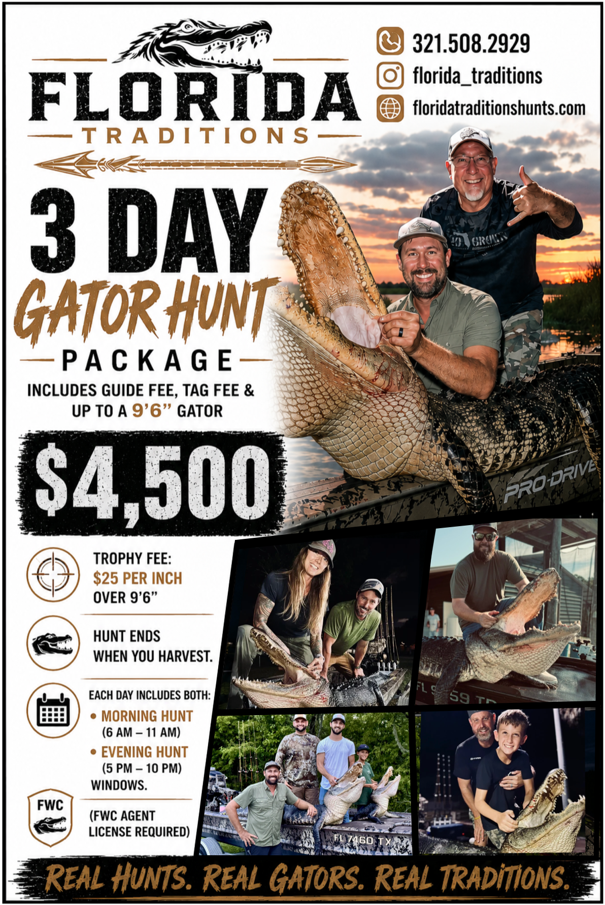 Guide on a night boat in Florida marsh with an alligator alongside