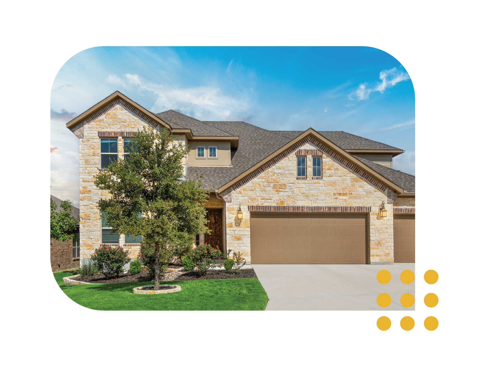 Two-story stone house with a brown garage and landscaped front yard under a blue sky