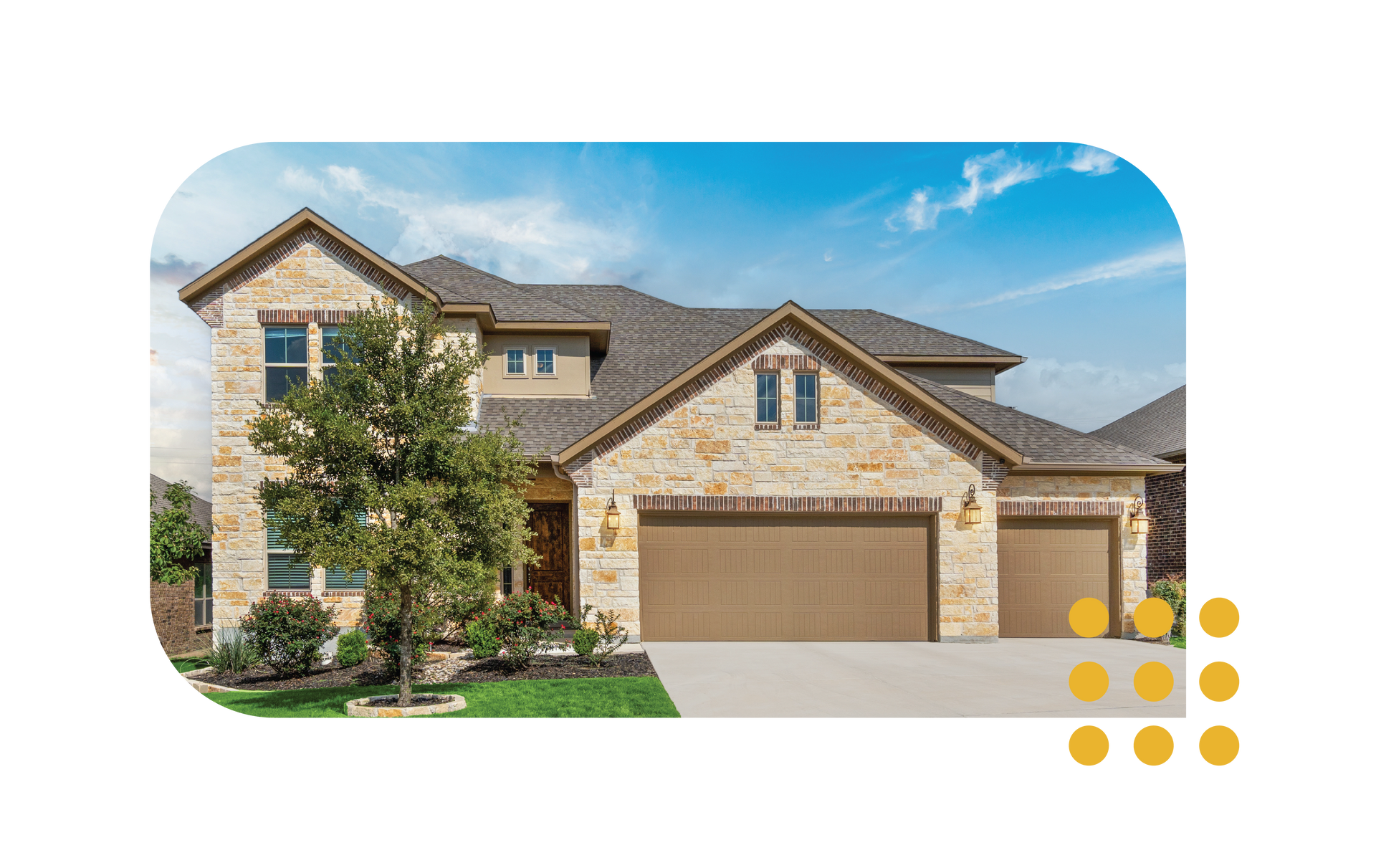 Large two-story suburban house with stone facade, beige garage doors, and landscaped front yard under a blue sky