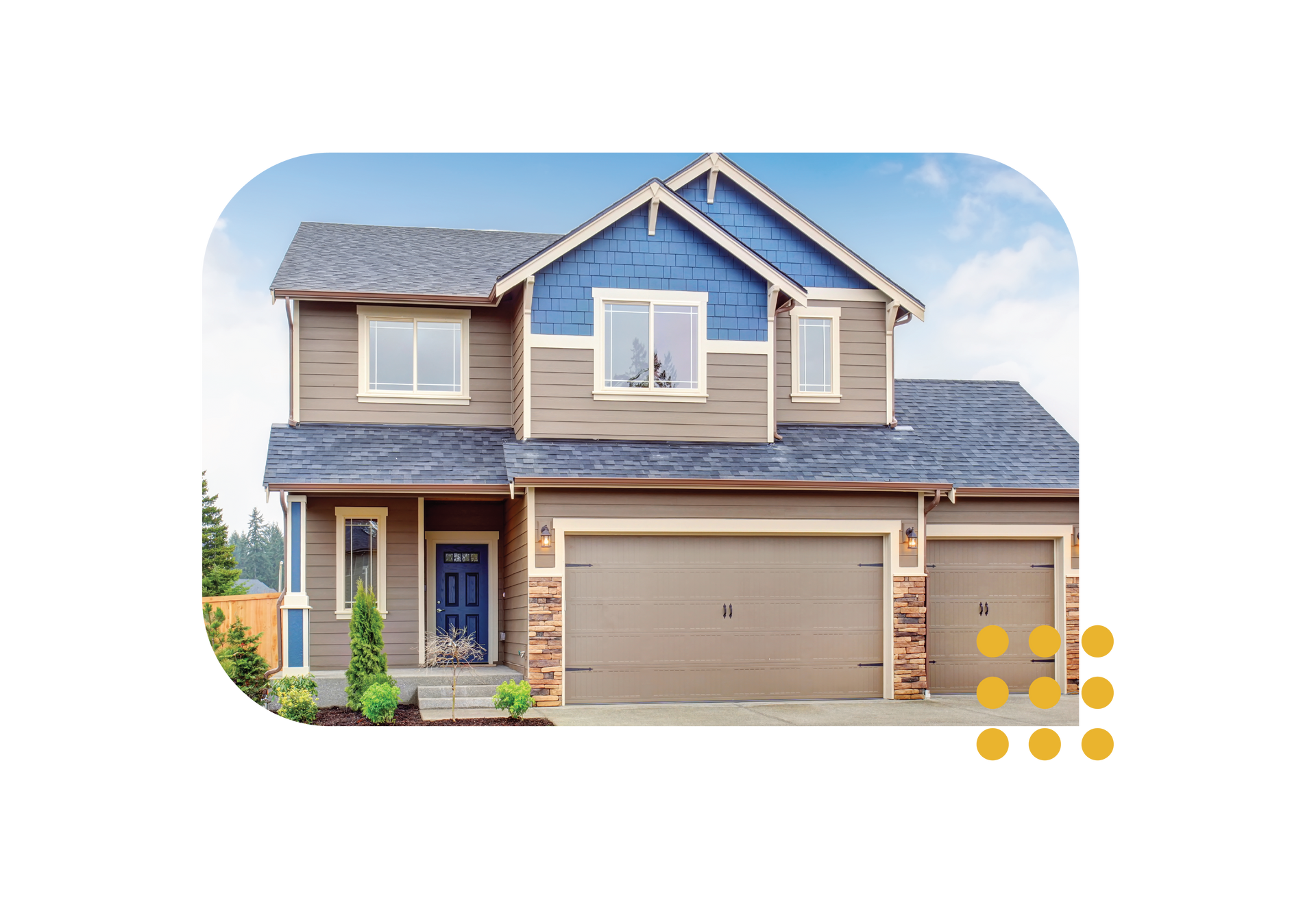 Two-story suburban house with blue siding, gray roof, and a two-car garage
