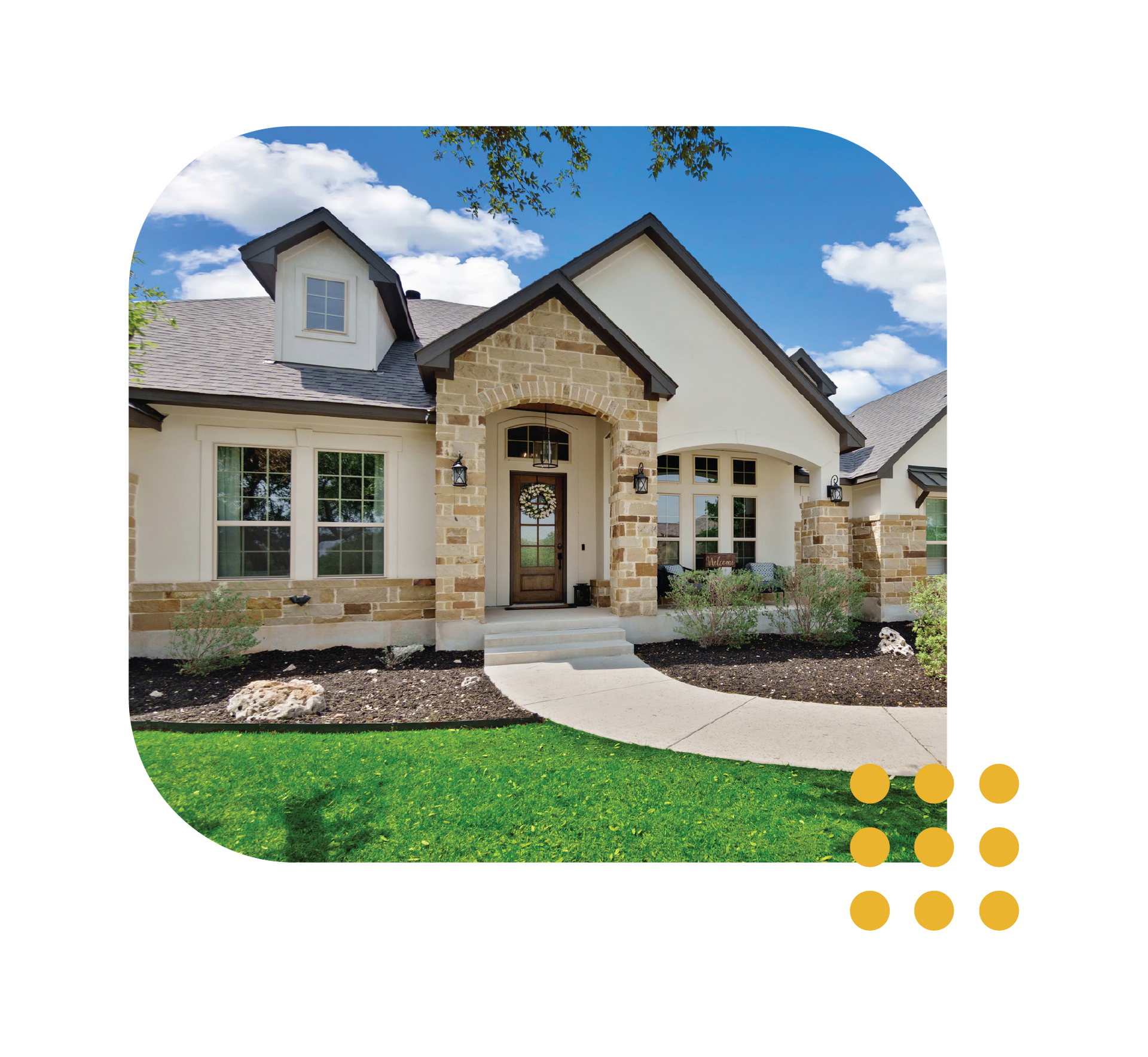 Modern single-story house with stone accents, arched entryway, and a curved walkway under a blue sky.