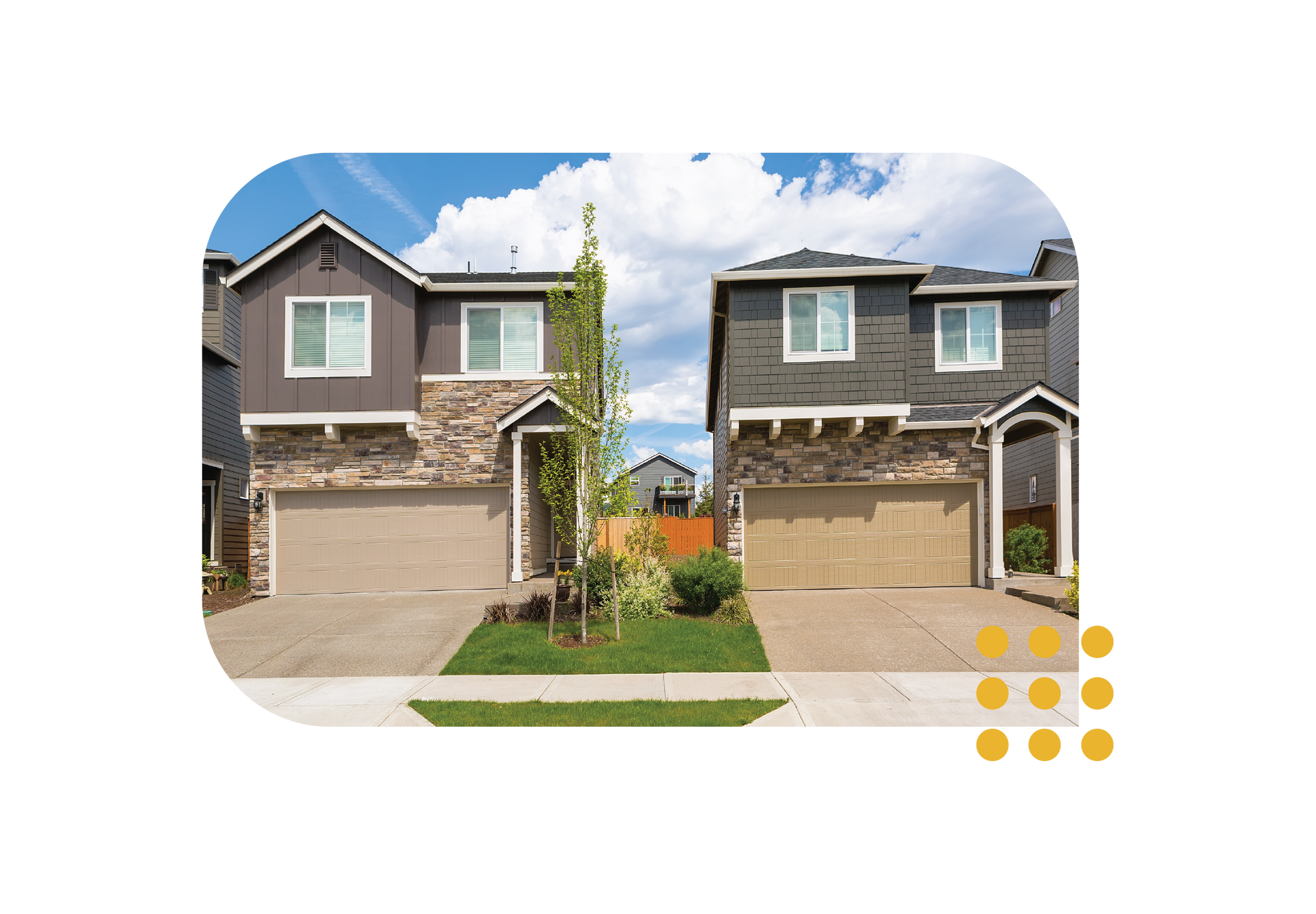Two suburban houses with beige garages and stone facades under a blue sky