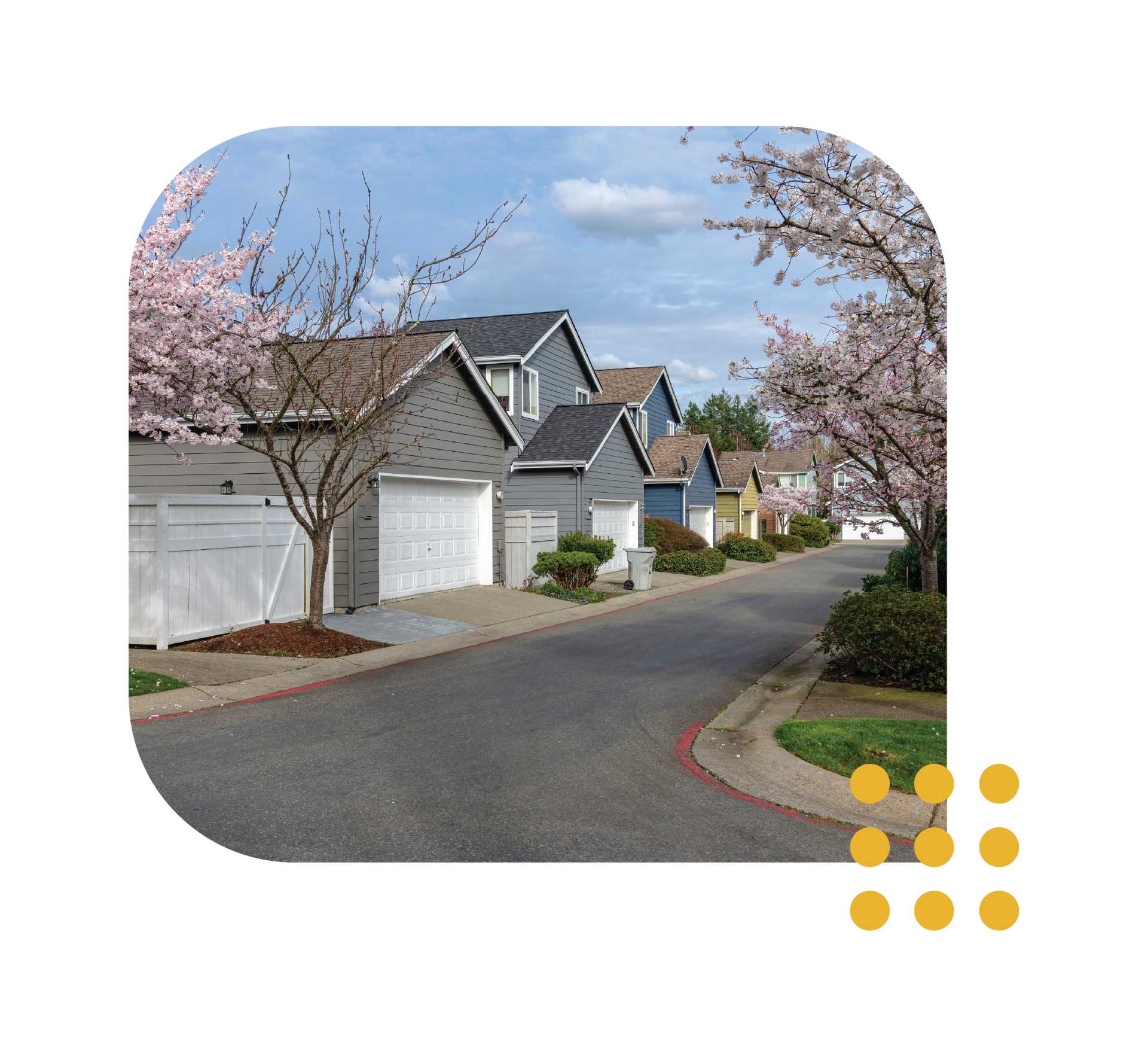 Quiet suburban street with gray houses, white garages, and blooming pink trees under a blue sky