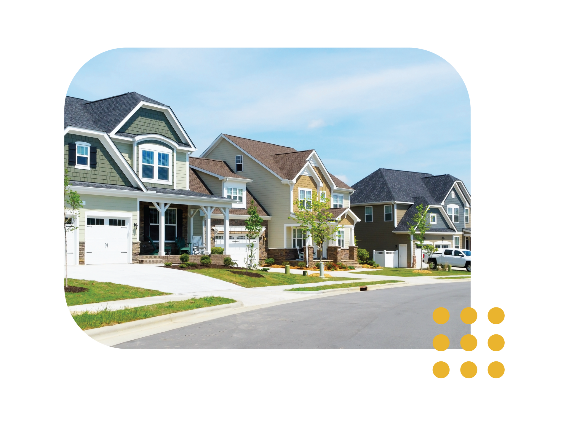 Row of modern suburban houses on a sunny residential street