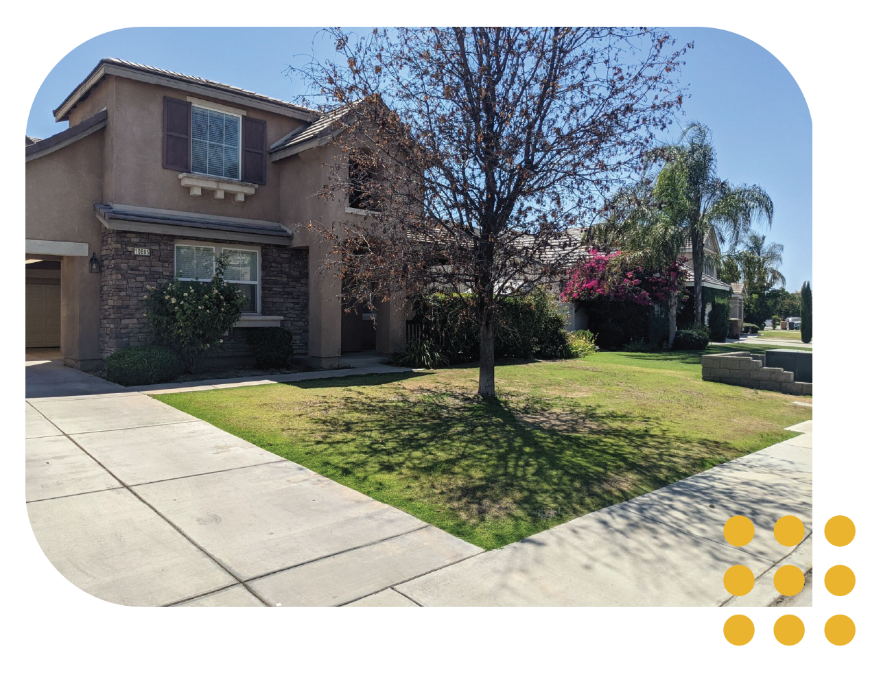 A two-story tan suburban house with a stone facade, a concrete driveway, and a front yard with a tree and bushes.