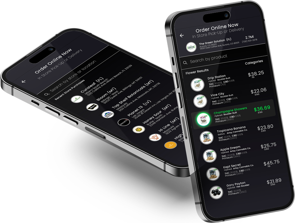 two cell phones are open to zelen online cannabis ordering with text that says order online now