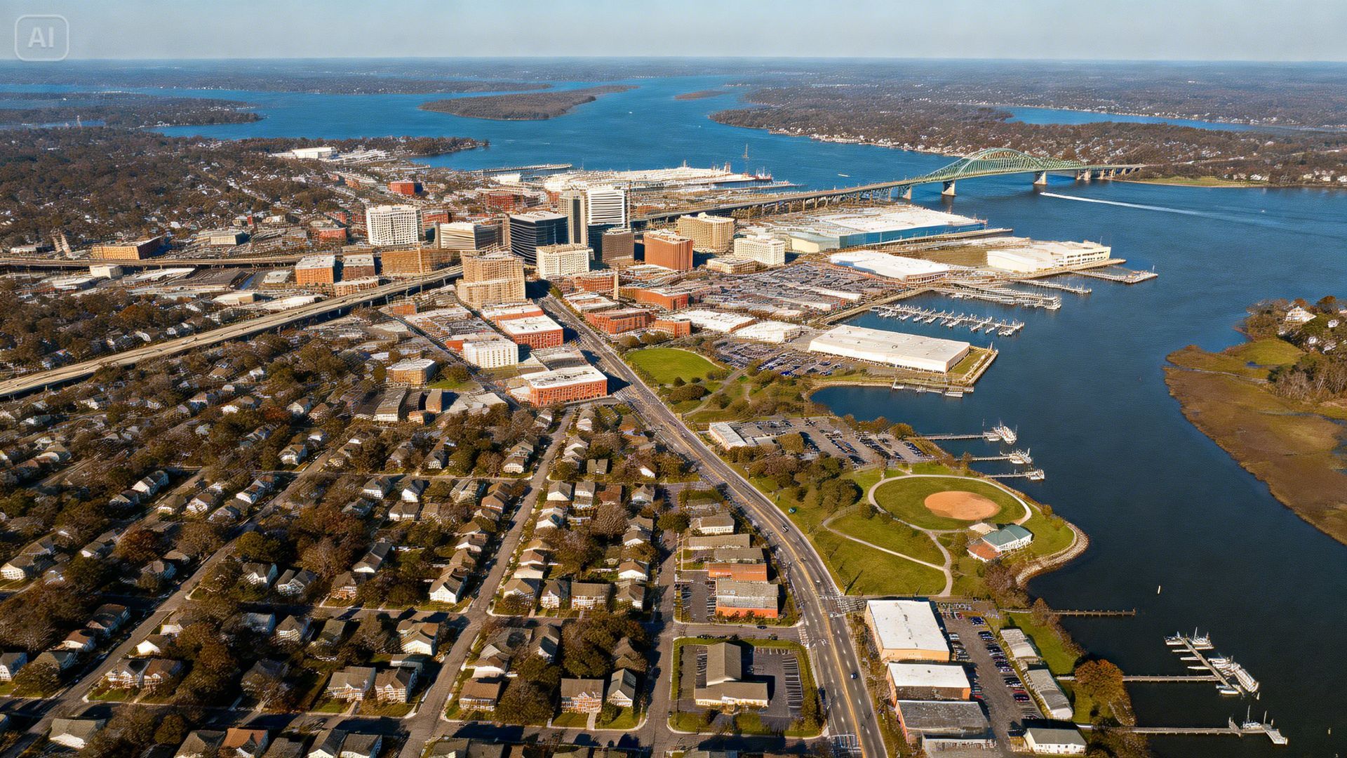 Aerial view of a coastal city, featuring a bridge, downtown buildings, residential neighborhoods, and a marina.