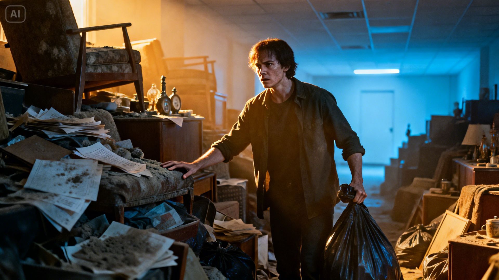 A person holding a trash bag stands in a dimly lit, cluttered room filled with stacks of paper and discarded furniture.
