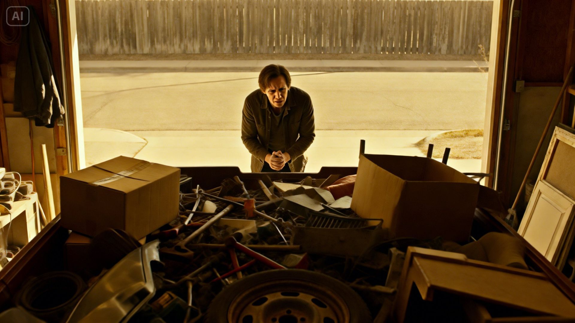 A person looks into a messy storage shed filled with boxes and tools, with a bright outdoor view in the background.