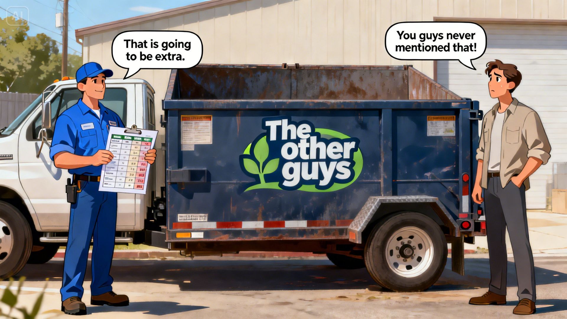 A waste removal worker and a customer stand by a blue dumpster labeled