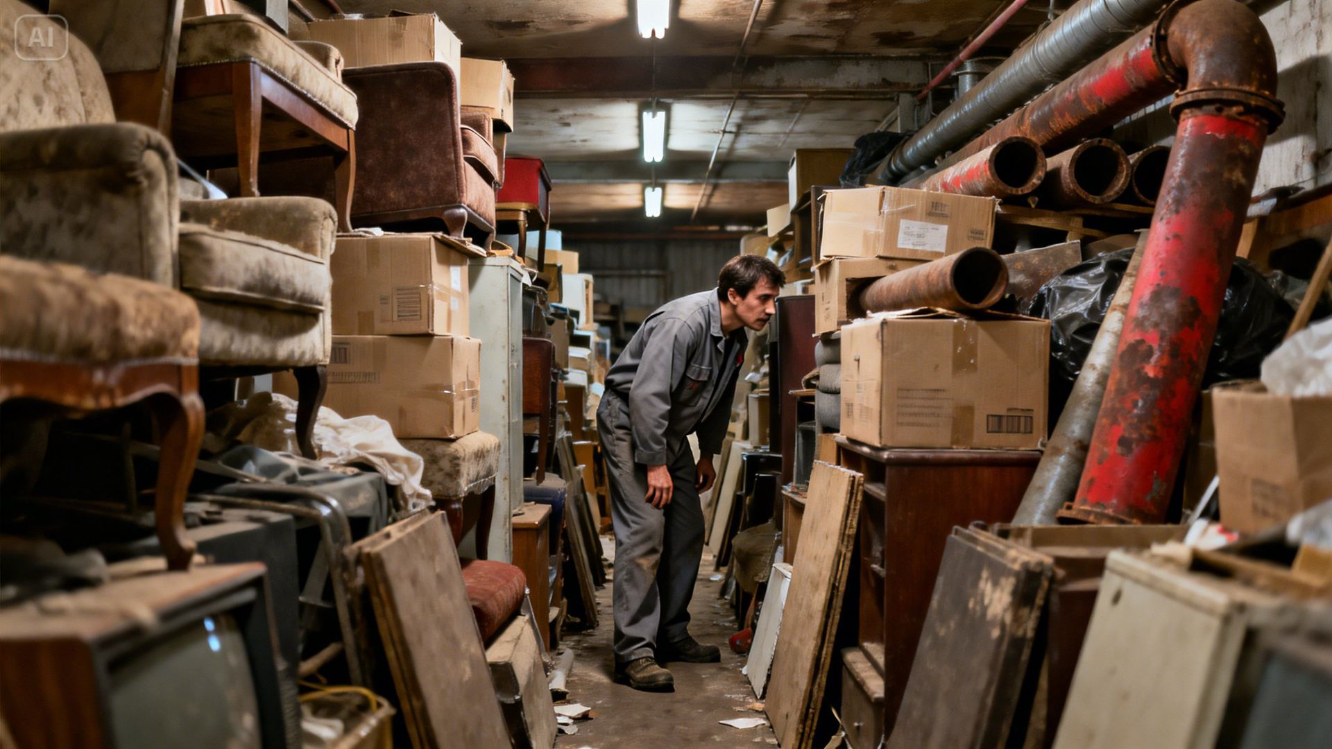 A person in work clothes inspects a cramped, dimly lit basement filled with boxes, old furniture, and large pipes.