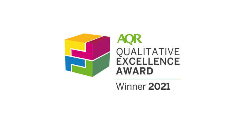 Aqr qualitative excellence award winner 2021 logo on a white background.
