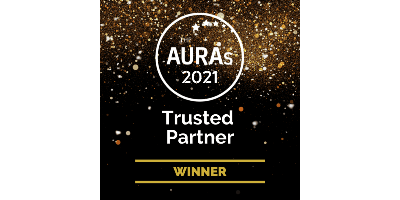 Auras 2021 trusted partner winner logo on a black background.