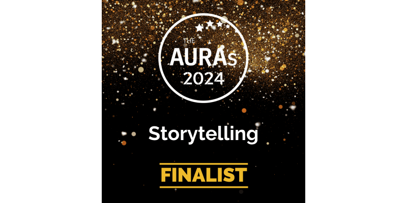 The auras 2024 storytelling finalist logo is on a black background.